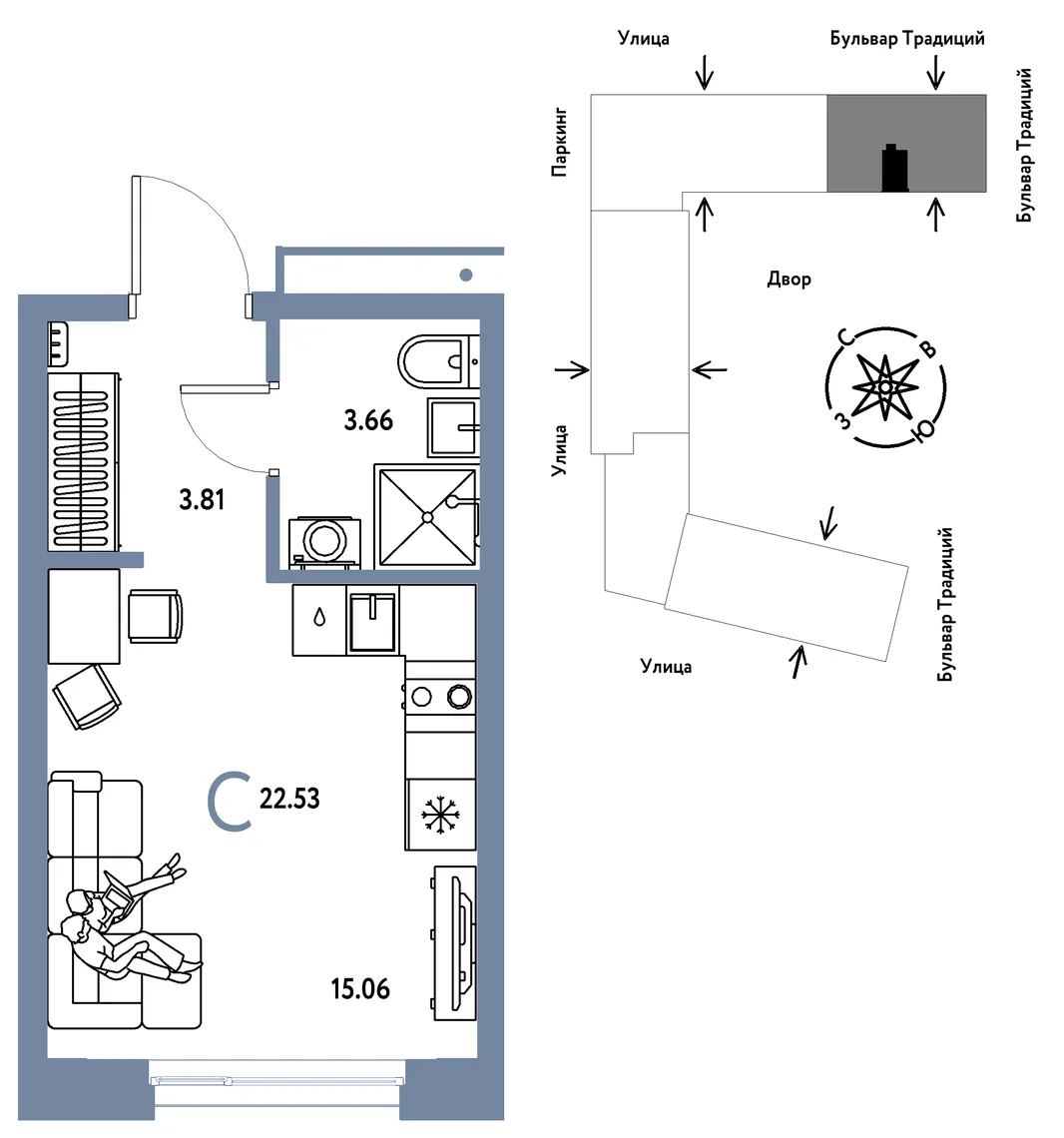 Планировка Студия, 22.53 м² ЖК «Микрорайон Домашний»