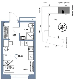 Планировка Студия, 22.53 м² ЖК «Микрорайон Домашний»
