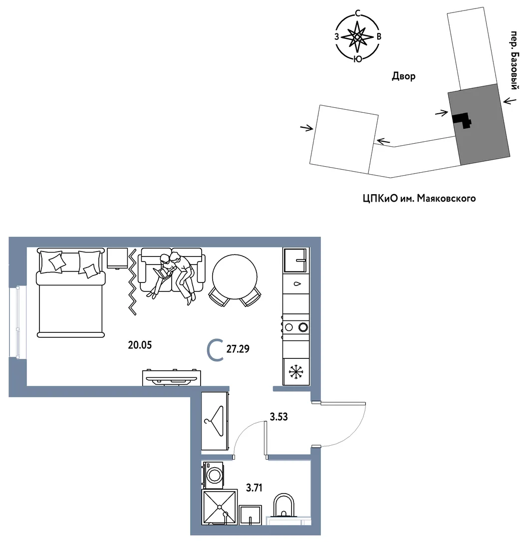 Планировка Студия, 27.29 м² ЖК «Сибирский сад»