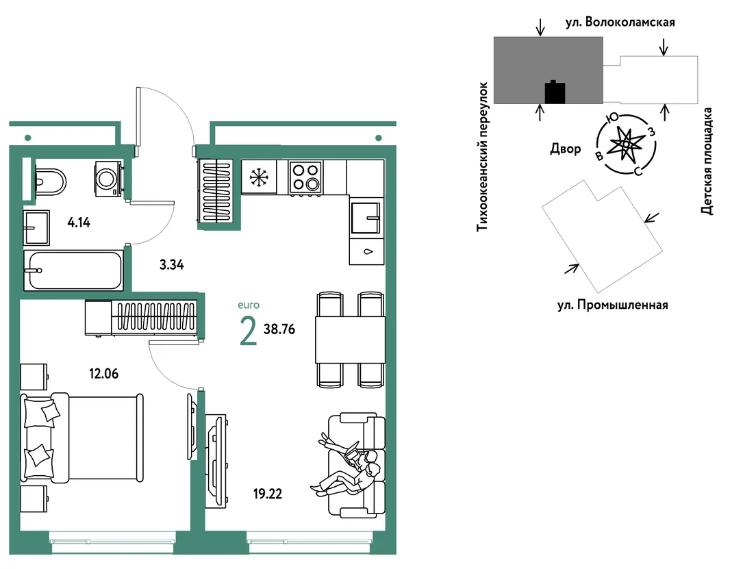 Планировка 2-комн. квартира, 38.76 м² ЖК «Страна Прибрежная»