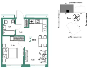 Планировка 2-комн. квартира, 38.76 м² ЖК «Страна Прибрежная»