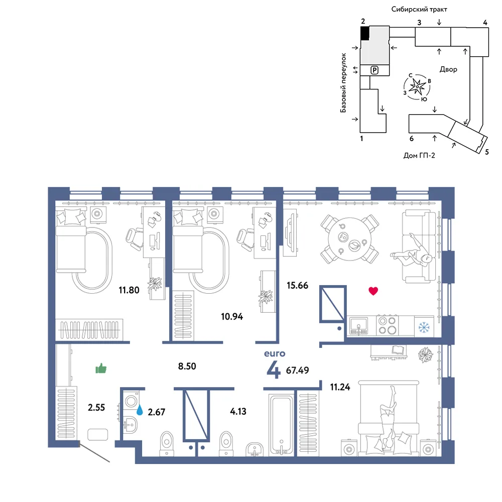 Планировка 4-комн. квартира, 67.49 м² ЖК «Сибирский сад»