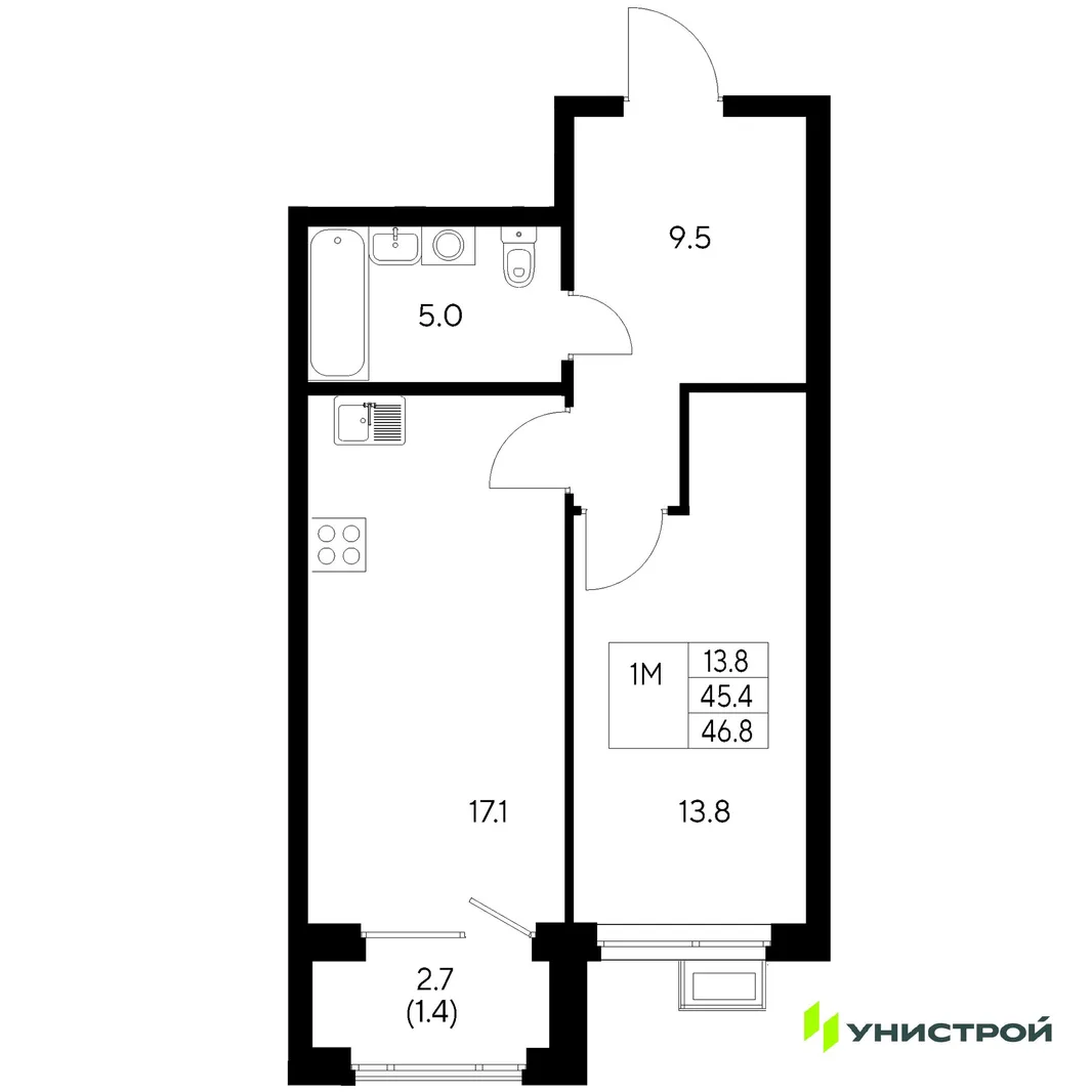 Планировка 1-комн. квартира, 46.8 м² ЖК «Стадиум»