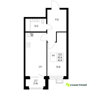 Планировка 1-комн. квартира, 46.8 м² ЖК «Стадиум»