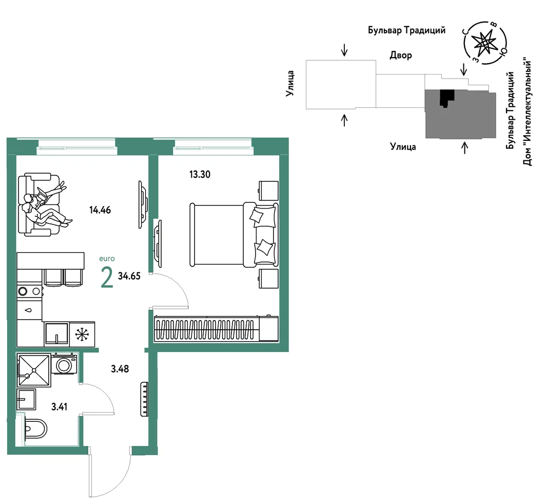 Планировка 2-комн. квартира, 34.65 м² ЖК «Микрорайон Домашний»