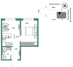 Планировка 2-комн. квартира, 34.65 м² ЖК «Микрорайон Домашний»