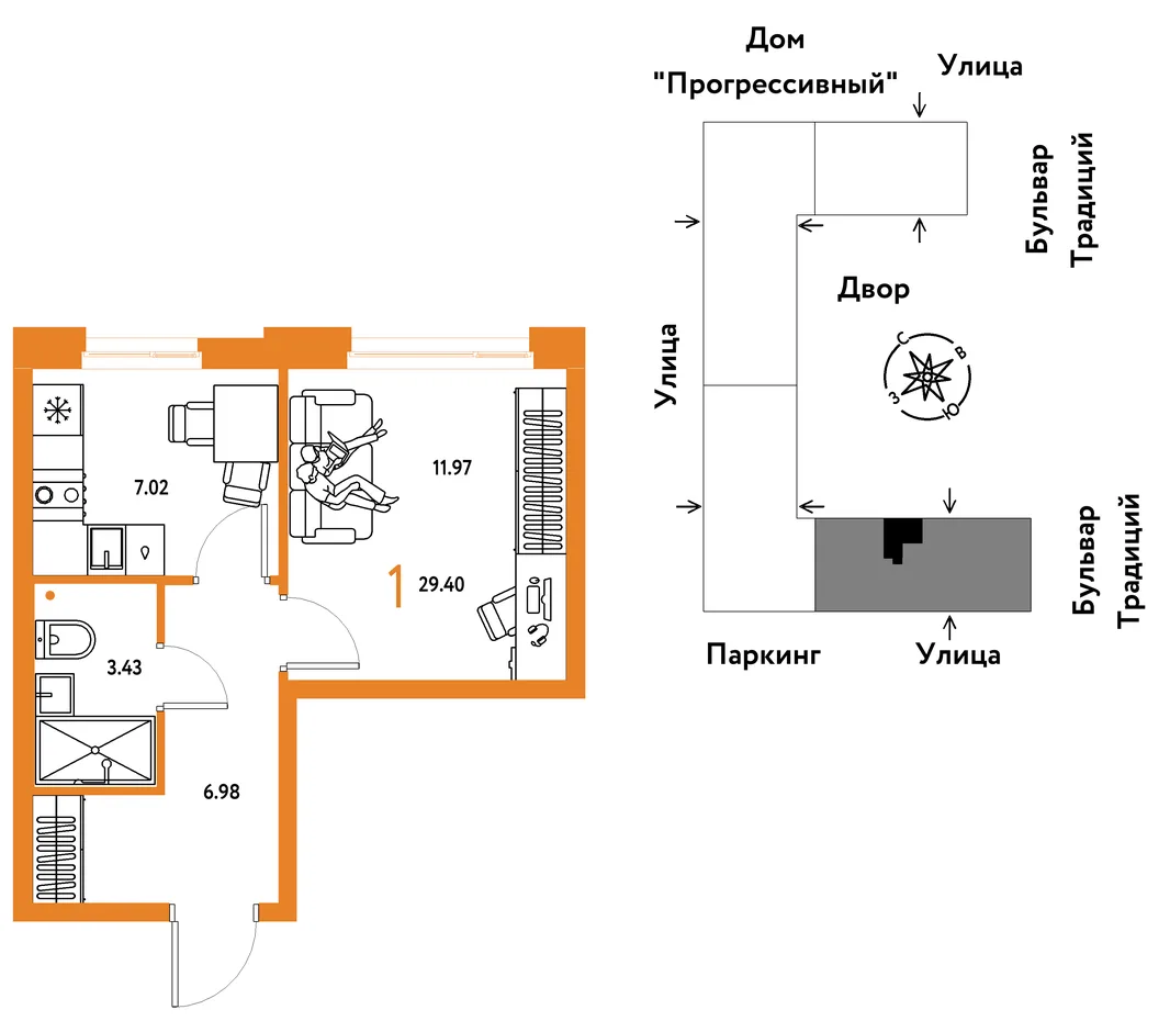 Планировка 1-комн. квартира, 29.4 м² ЖК «Микрорайон Домашний»
