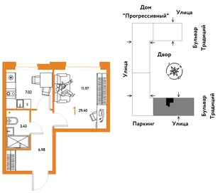 Планировка 1-комн. квартира, 29.4 м² ЖК «Микрорайон Домашний»