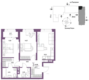 Планировка 3-комн. квартира, 64.88 м² ЖК «Авторский»
