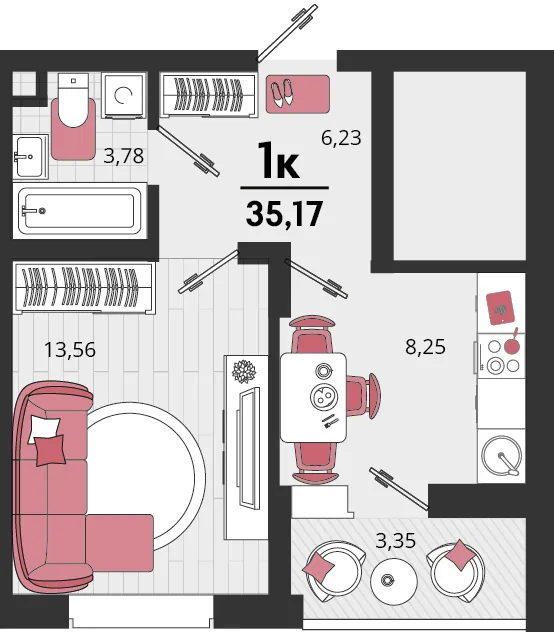 Планировка 1-комн. квартира, 35.17 м² ЖК «Родные просторы»