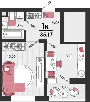 Планировка 1-комн. квартира, 35.17 м² ЖК «Родные просторы»