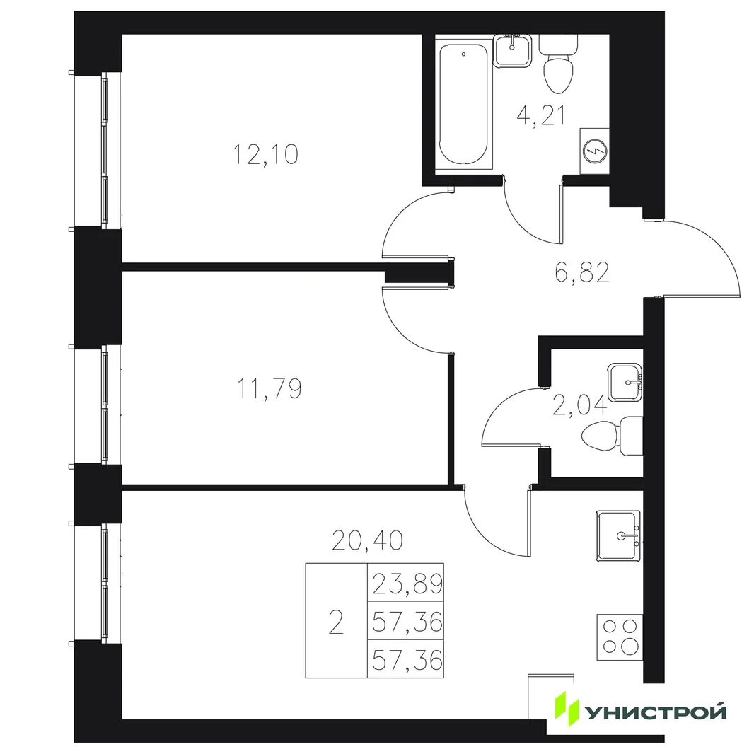 Планировка 2-комн. квартира, 57.36 м² ЖК «Statum»