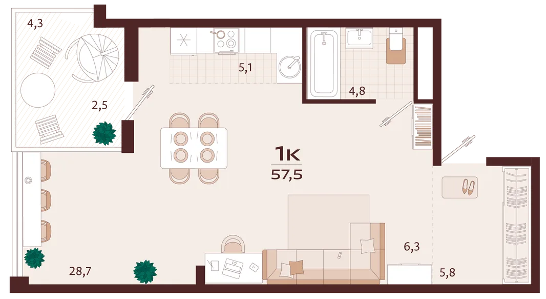 Планировка 1-комн. квартира, 57.5 м² ЖК «Роялта»