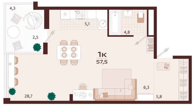 Планировка 1-комн. квартира, 57.5 м² ЖК «Роялта» Планировка 1-комн. квартира, 57.5 м² ЖК «Роялта»
