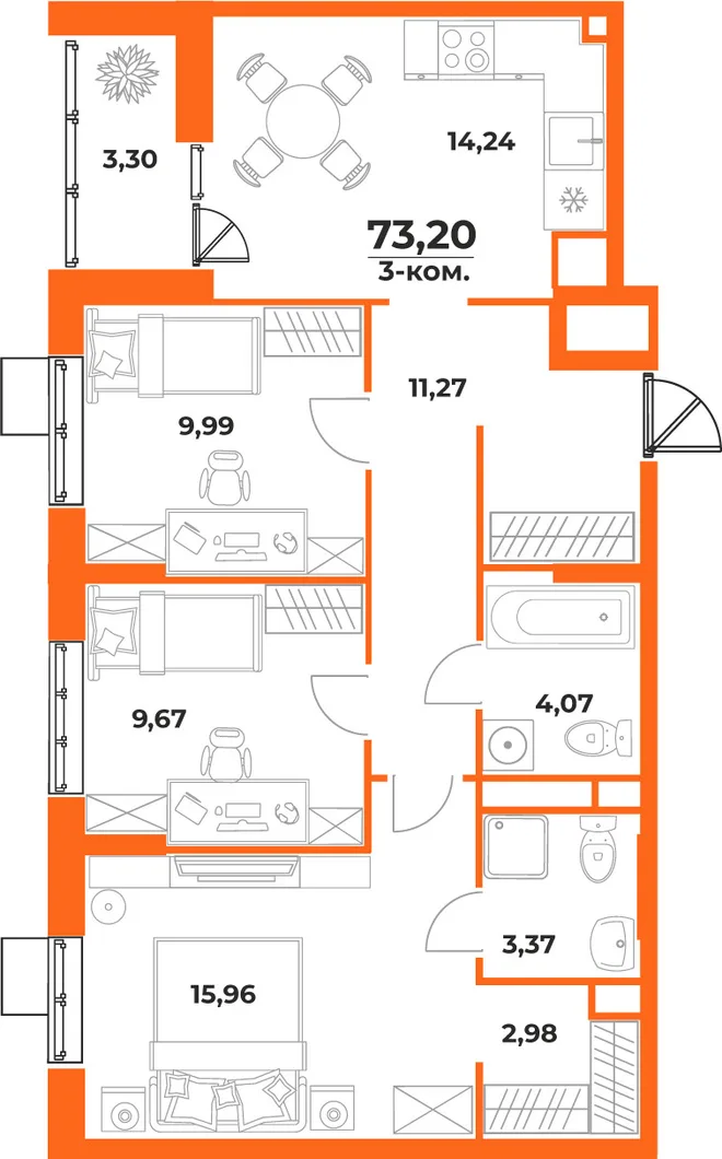 Планировка 3-комн. квартира, 73.2 м² ЖК «Живописный сад» Планировка 3-комн. квартира, 73.2 м² ЖК «Живописный сад»