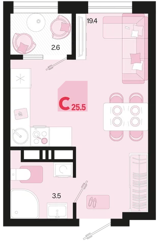 Планировка Студия, 25.5 м² ЖК «Первое место»