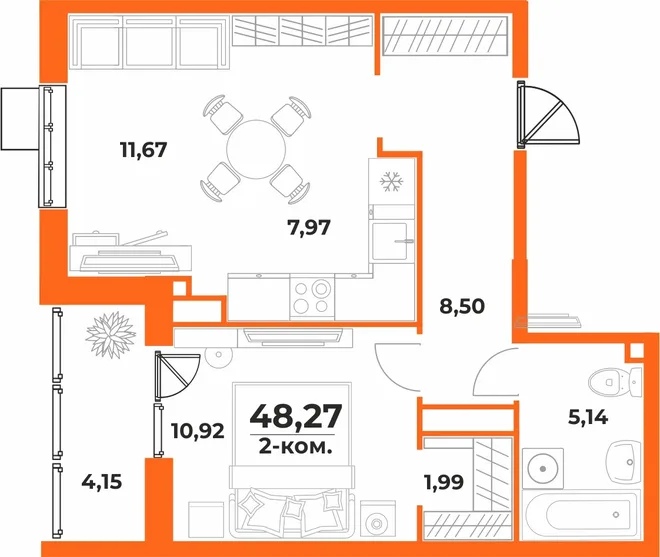 Планировка 2-комн. квартира, 48.27 м² ЖК «Живописный сад» Планировка 2-комн. квартира, 48.27 м² ЖК «Живописный сад»