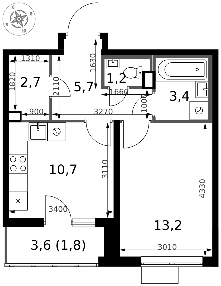 Планировка 1-комн. квартира, 38.7 м² ЖК «1-й Химкинский»