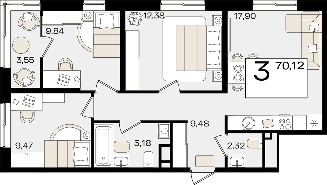 Планировка 3-комн. квартира, 70.12 м² ЖК «Патрики»