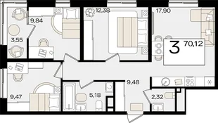 Планировка 3-комн. квартира, 70.12 м² ЖК «Патрики»