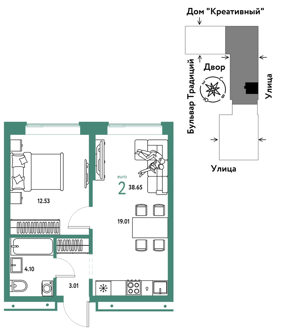 Планировка 2-комн. квартира, 38.65 м² ЖК «Микрорайон Домашний»