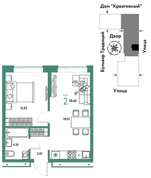 Планировка 2-комн. квартира, 38.65 м² ЖК «Микрорайон Домашний»