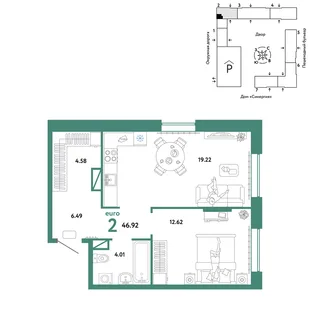 Планировка 2-комн. квартира, 46.92 м² ЖК «Юнион»