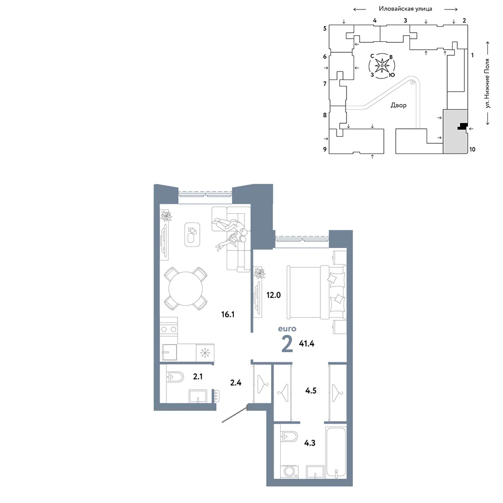 Планировка 2-комн. квартира, 41.4 м² ЖК «Страна.Заречная»