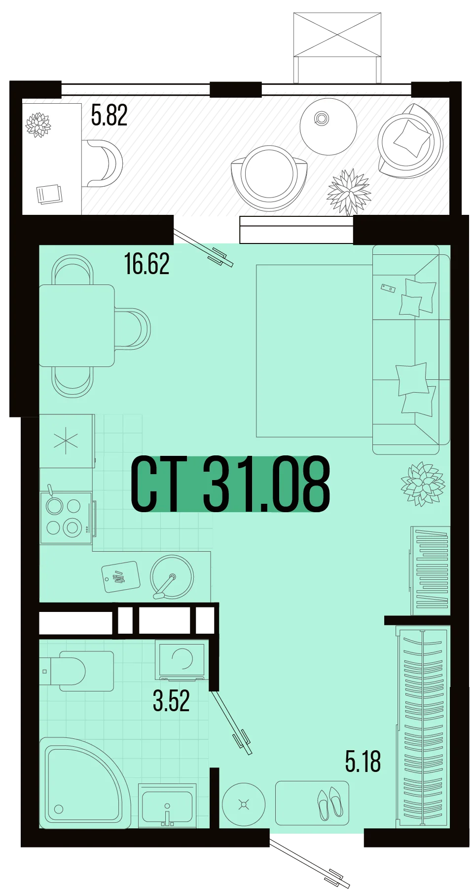 Планировка Студия, 28.2 м² ЖК «Цветной бульвар»