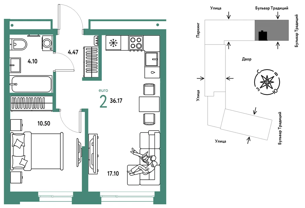 Планировка 2-комн. квартира, 36.17 м² ЖК «Микрорайон Домашний»