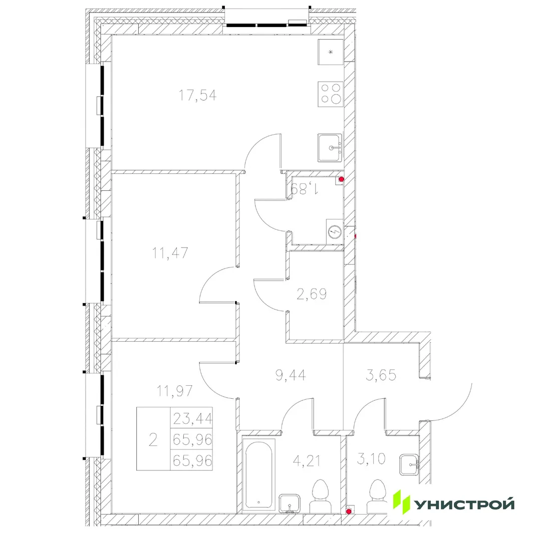 Планировка 2-комн. квартира, 65.96 м² ЖК «Statum»