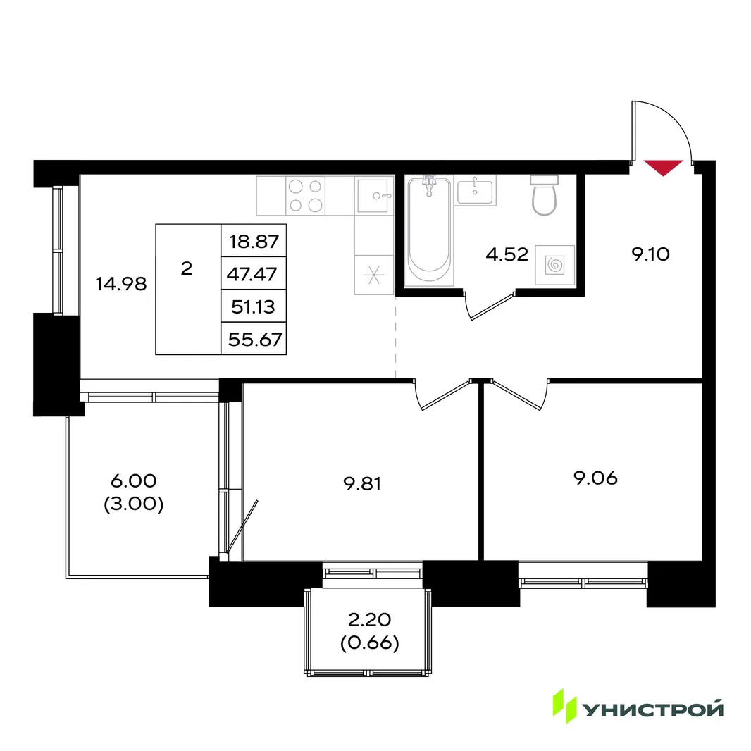 Планировка 2-комн. квартира, 51.13 м² ЖК «Уникум на Энгельса»