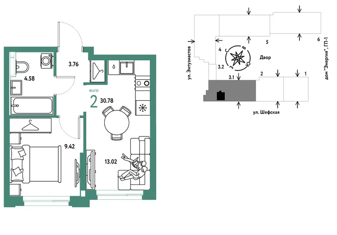 Планировка 2-комн. квартира, 30.78 м² ЖК «Страна.Энтузиастов» Планировка 2-комн. квартира, 30.78 м² ЖК «Страна.Энтузиастов»