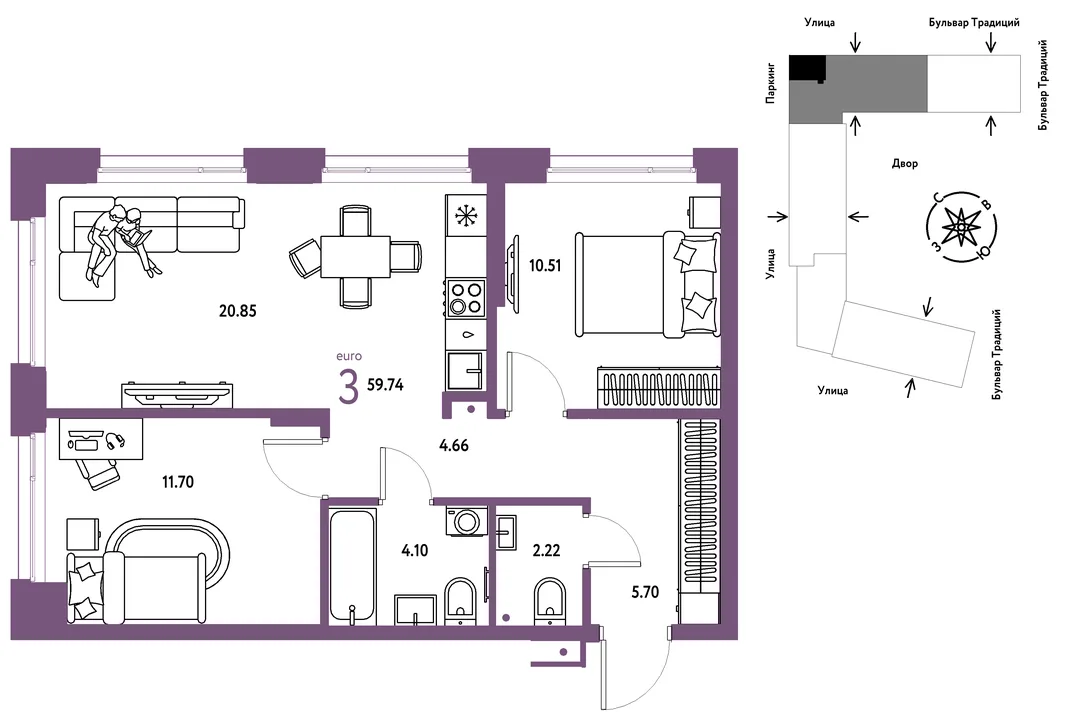 Планировка 3-комн. квартира, 59.74 м² ЖК «Микрорайон Домашний»