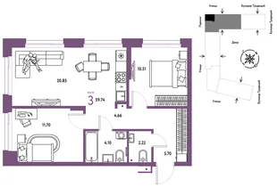 Планировка 3-комн. квартира, 59.74 м² ЖК «Микрорайон Домашний»