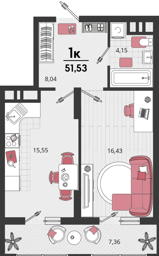 Планировка 1-комн. квартира, 51.53 м² ЖК «Родные просторы»