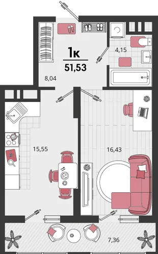 Планировка 1-комн. квартира, 51.53 м² ЖК «Родные просторы»