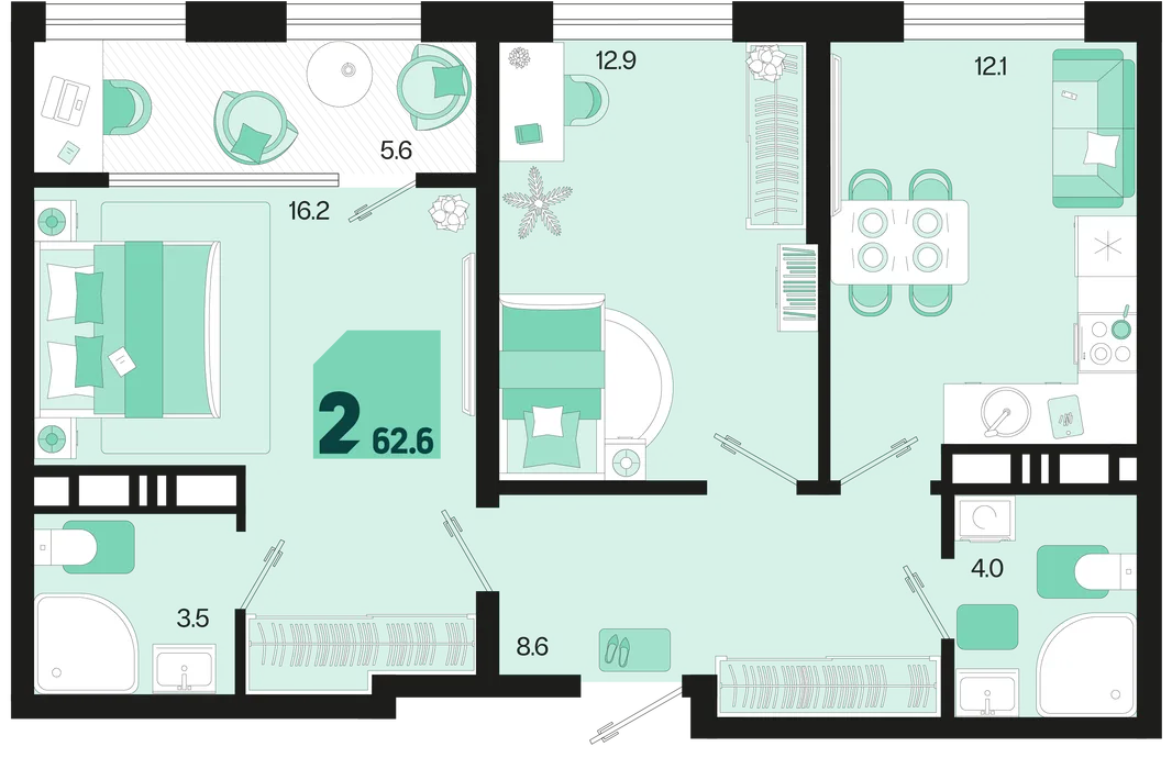 Планировка 2-комн. квартира, 62.9 м² ЖК «Первое место»