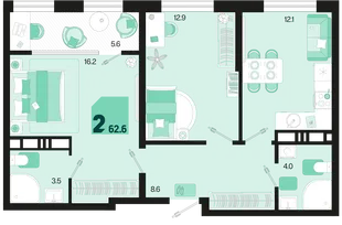 Планировка 2-комн. квартира, 62.9 м² ЖК «Первое место»