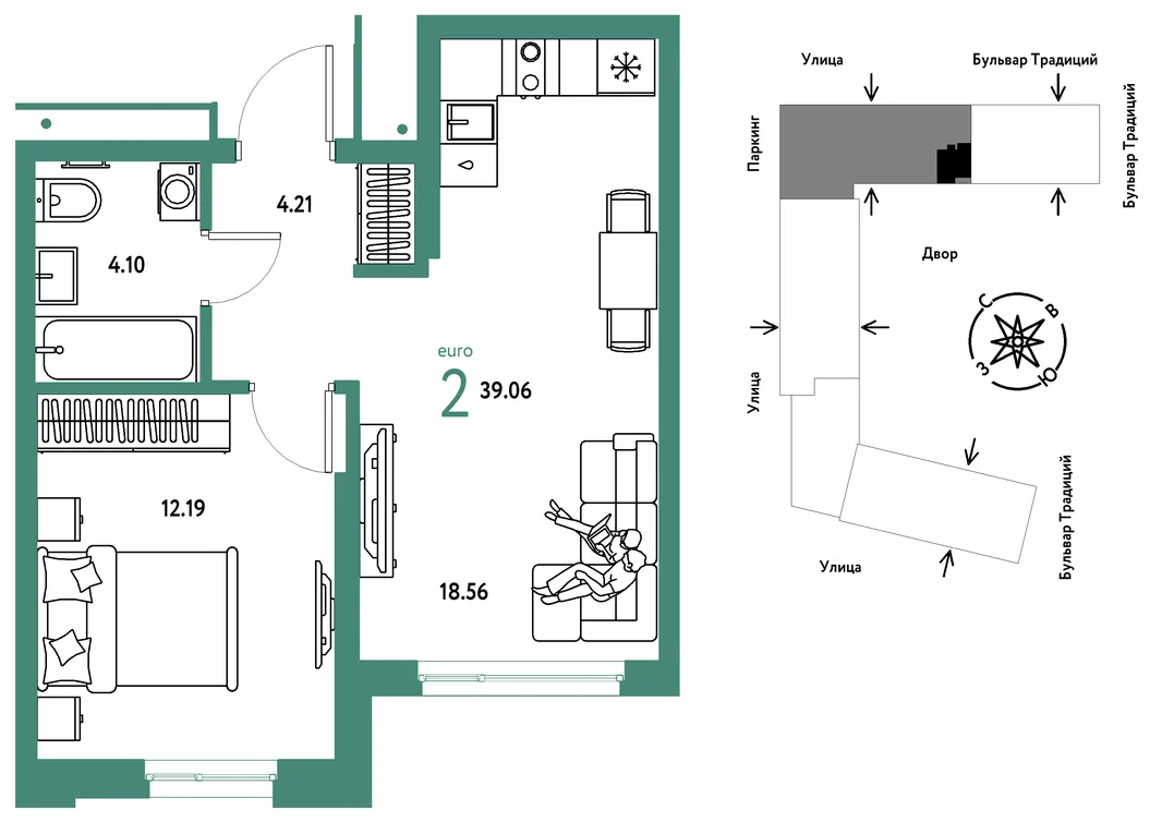 Планировка 2-комн. квартира, 39.06 м² ЖК «Микрорайон Домашний»