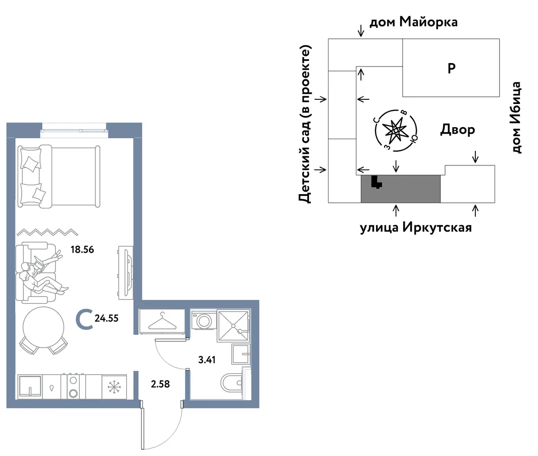 Планировка Студия, 24.55 м² ЖК «Остров-сад»