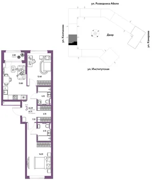 Планировка 3-комн. квартира, 64.29 м² ЖК «Страна.Парковая»