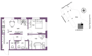 Планировка 3-комн. квартира, 56.33 м² ЖК «Страна Прибрежная»