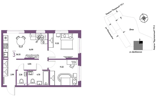 Планировка 3-комн. квартира, 56.33 м² ЖК «Страна Прибрежная» Планировка 3-комн. квартира, 56.33 м² ЖК «Страна Прибрежная»