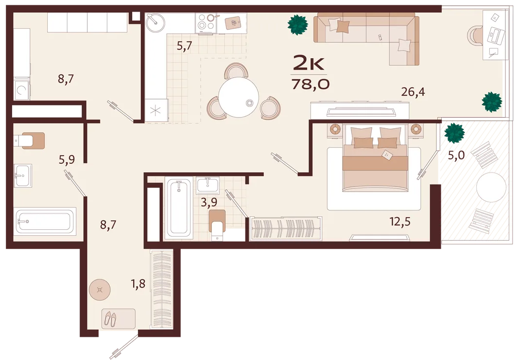 Планировка 2-комн. квартира, 78 м² ЖК «Роялта»