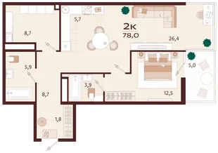 Планировка 2-комн. квартира, 78 м² ЖК «Роялта»