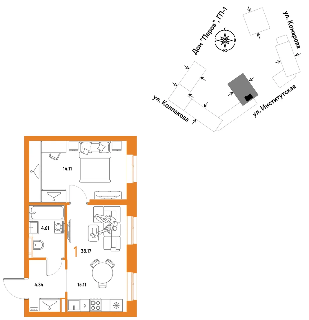 Планировка 1-комн. квартира, 38.17 м² ЖК «Страна.Парковая»