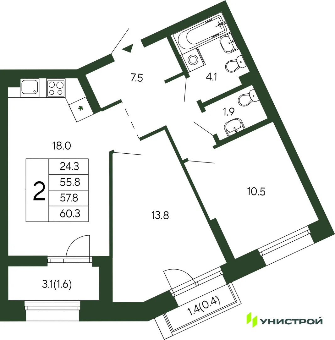 Планировка 2-комн. квартира, 57.8 м² ЖК «Парковый квартал 2.0»