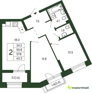 Планировка 2-комн. квартира, 57.8 м² ЖК «Парковый квартал 2.0»