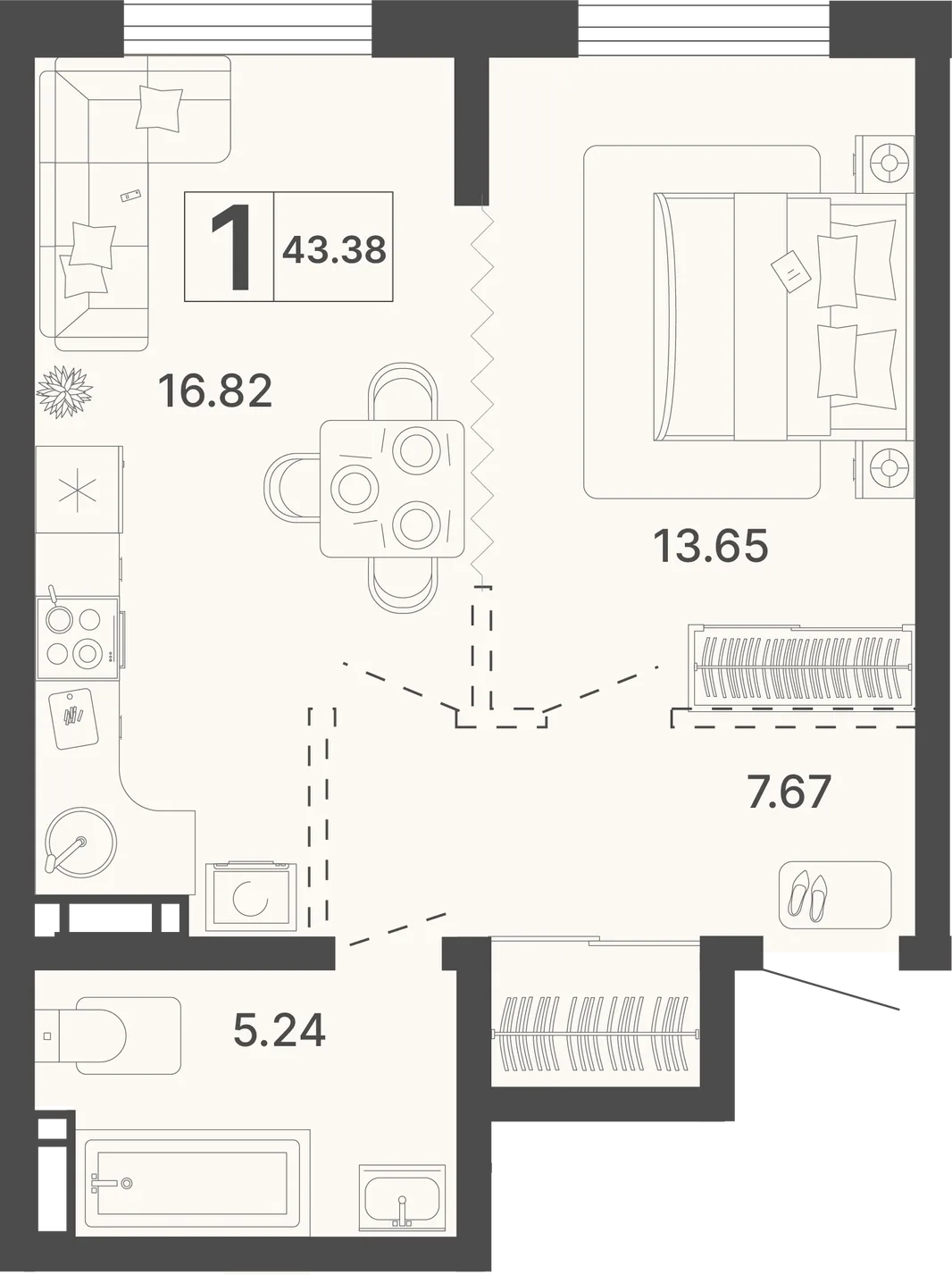 Планировка 1-комн. квартира, 43.38 м² ЖК «Светский лес»